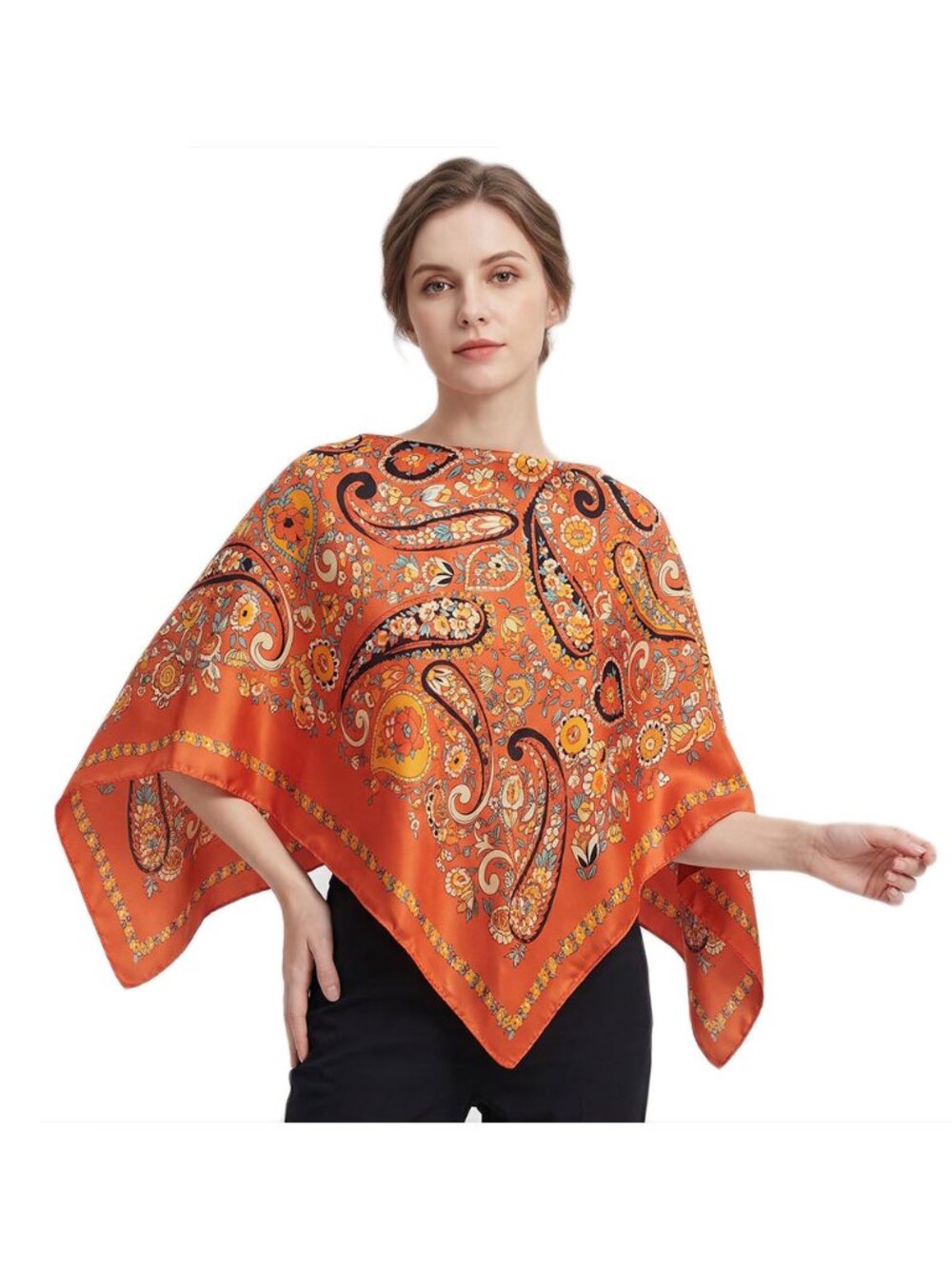 Tigerstars Orange Paisley Floral Print Scarf Poncho